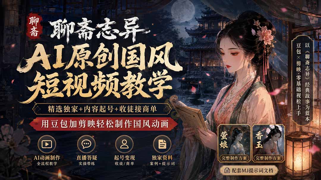 聊斋志异AI原创国风短视频教学；精选独家+内容起号+收徒接商单，用豆包加剪映轻松制作国风动画-盟主1站 - 热点知汇专注网赚项目资源知识聚汇