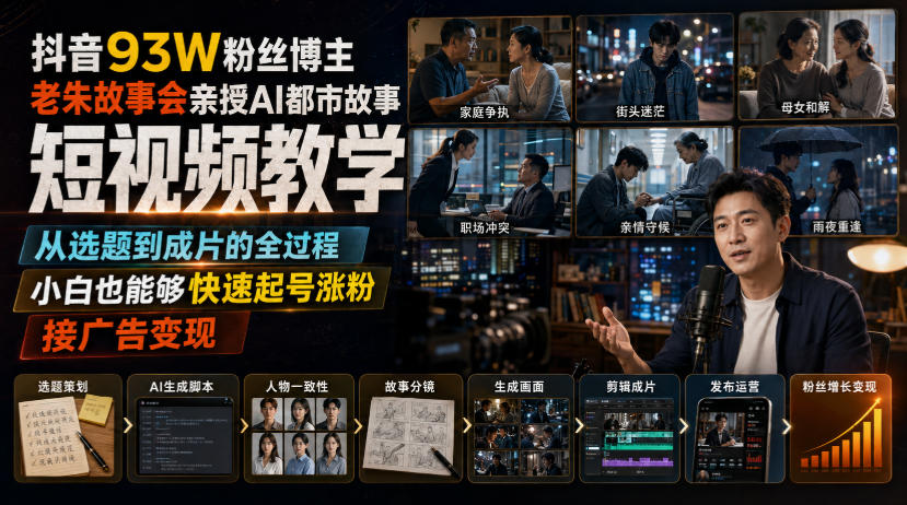 抖音93W粉丝博主老朱故事会亲授AI都市故事短视频教学，从选题到成片的全过程，小白也能够快速起号涨粉接广告变现-盟主1站 - 热点知汇专注网赚项目资源知识聚汇