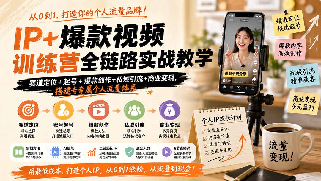 IP+爆款视频训练营全链路实战教学；赛道定位+起号+爆款创作+私域引流+商业变现，搭建专属个人流量体系-盟主1站 - 热点知汇专注网赚项目资源知识聚汇