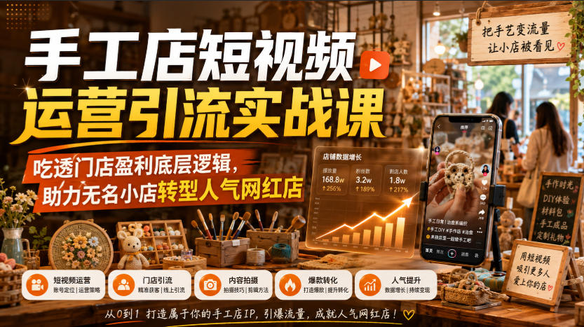手工店短视频运营引流实战课，吃透门店盈利底层逻辑，助力无名小店转型人气网红店-盟主1站 - 热点知汇专注网赚项目资源知识聚汇
