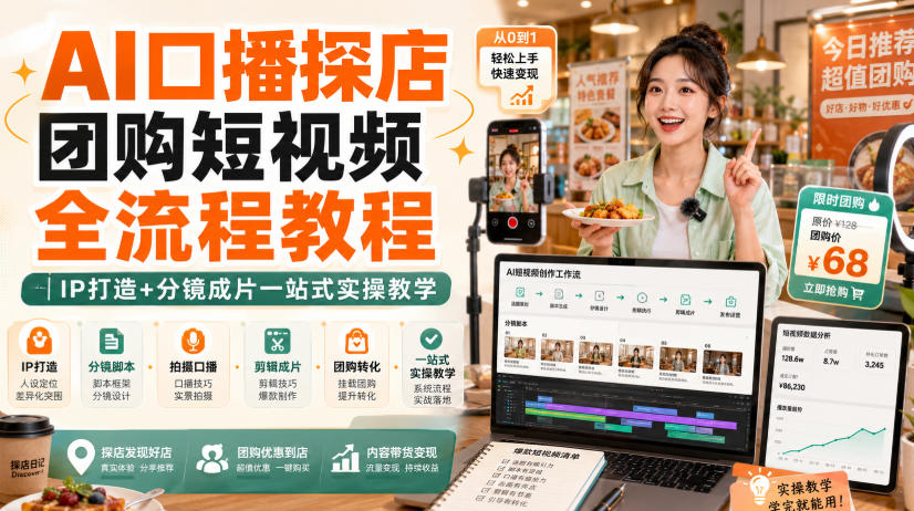 AI口播探店团购短视频全流程教程｜IP打造+分镜成片一站式实操教学-盟主1站 - 热点知汇专注网赚项目资源知识聚汇