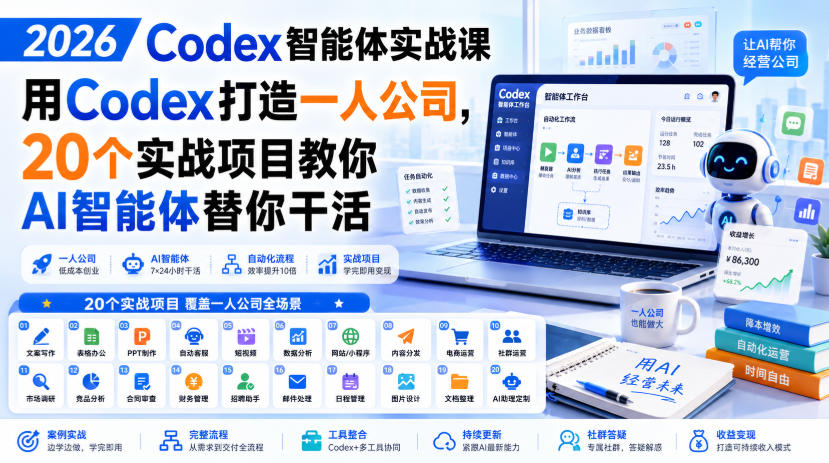 2026 Codex智能体实战课，用Codex打造一人公司，20个实战项目教你AI智能体替你干活-盟主1站 - 热点知汇专注网赚项目资源知识聚汇