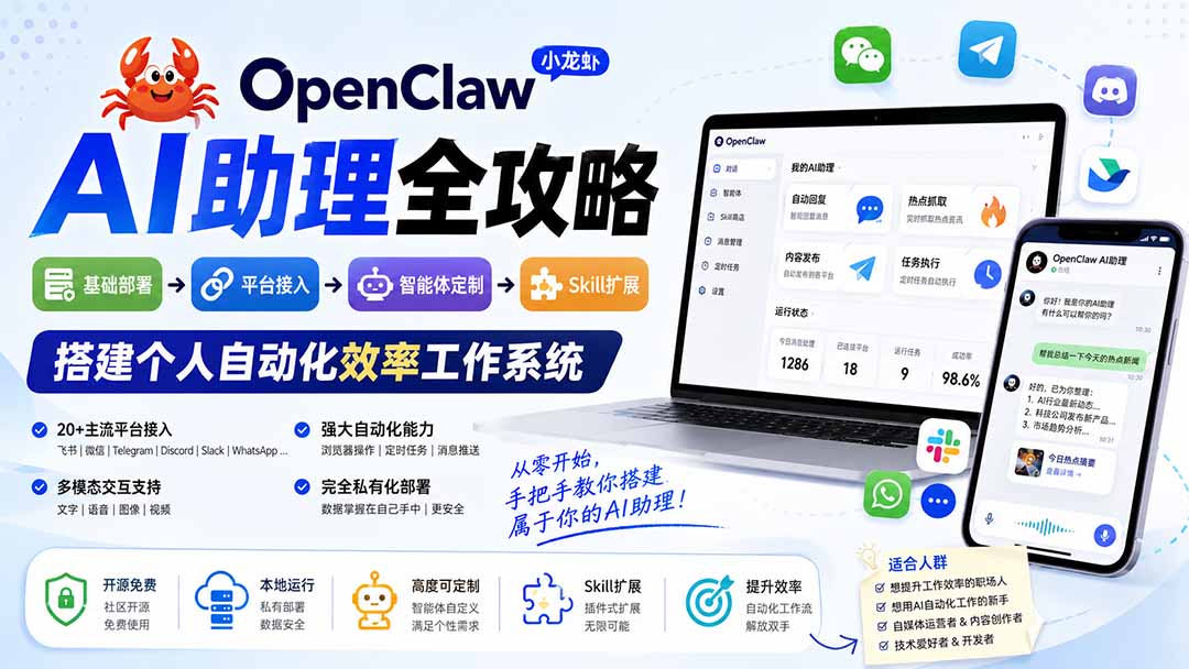 OpenClaw小龙虾 AI助理全攻略：基础部署→平台接入→智能体定制→Skill扩展，搭建个人自动化效率工作系统-盟主1站 - 热点知汇专注网赚项目资源知识聚汇