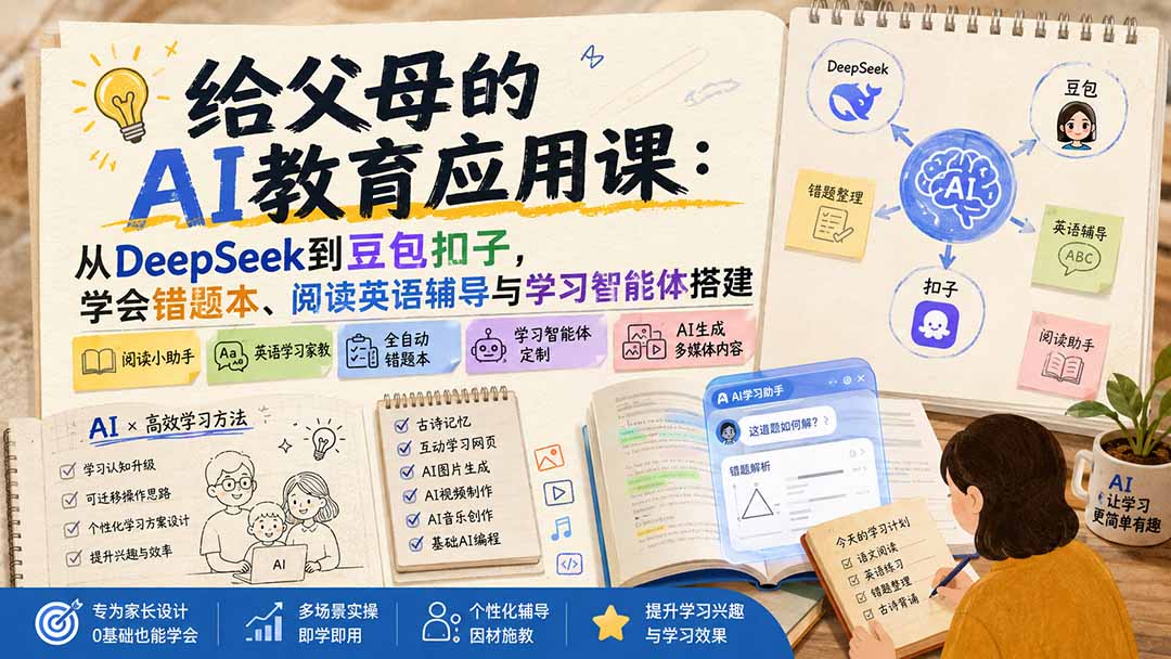 给父母的AI教育应用课：从DeepSeek到豆包扣子，学会错题本、阅读英语辅导与学习智能体搭建-盟主1站 - 热点知汇专注网赚项目资源知识聚汇