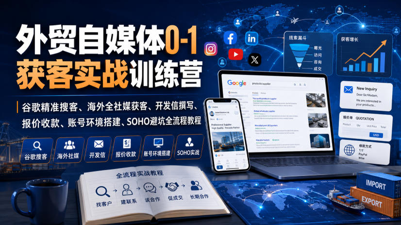 外贸自媒体0-1获客实战训练营｜谷歌精准搜客、海外全社媒获客、开发信撰写、报价收款、账号环境搭建、SOHO避坑全流程教程(更新)-盟主1站 - 热点知汇专注网赚项目资源知识聚汇