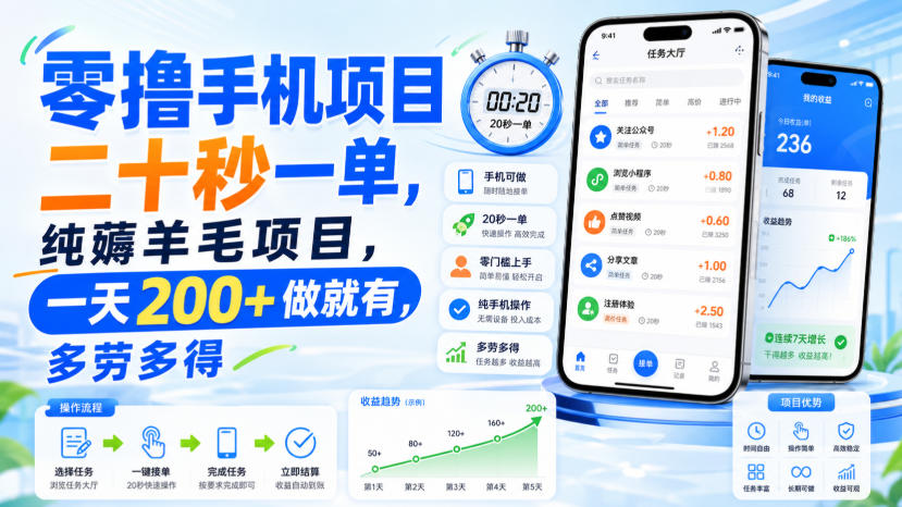 零撸手机项目，二十秒一单，纯薅羊毛项目，一天200+做就有，多劳多得【揭秘】-盟主1站 - 热点知汇专注网赚项目资源知识聚汇