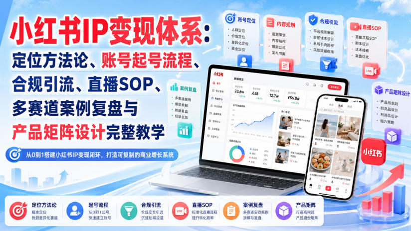 小红书IP变现体系：定位方法论、账号起号流程、合规引流、直播SOP、多赛道案例复盘与产品矩阵设计完整教学-盟主1站 - 热点知汇专注网赚项目资源知识聚汇