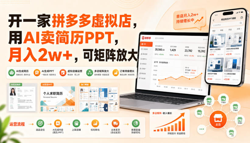 开一家拼多多虚拟店，用AI卖简历PPT，月入2w+，可矩阵放大【揭秘】-盟主1站 - 热点知汇专注网赚项目资源知识聚汇