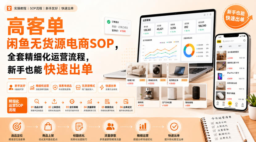 高客单闲鱼无货源电商SOP，全套精细化运营流程，新手也能快速出单-盟主1站 - 热点知汇专注网赚项目资源知识聚汇