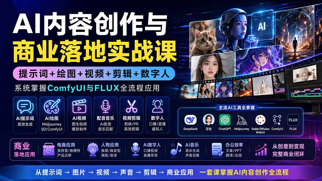 AI内容创作与商业落地实战课：提示词+绘图+视频+剪辑+数字人，系统掌握ComfyUI与FLUX全流程应用-盟主1站 - 热点知汇专注网赚项目资源知识聚汇