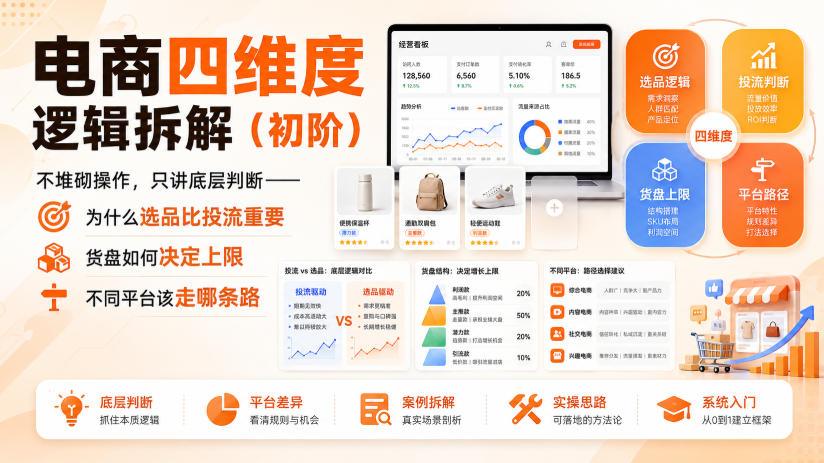 电商四维度逻辑拆解(初阶)不堆砌操作，只讲底层判断——为什么选品比投流重要、货盘如何决定上限、不同平台该走哪条路-盟主1站 - 热点知汇专注网赚项目资源知识聚汇