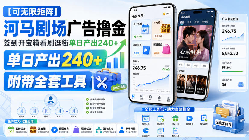 【可无限矩阵】河马剧场广告撸金，签到开宝箱看剧逛街单日产出240+，附带全套工具【揭秘】-盟主1站 - 热点知汇专注网赚项目资源知识聚汇