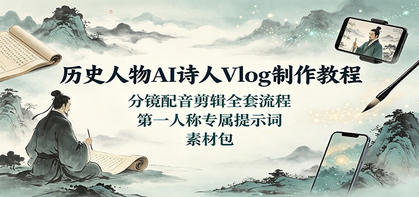 历史人物AI诗人Vlog制作教程：分镜配音剪辑全套流程，第一人称专属提示词素材包-盟主1站 - 热点知汇专注网赚项目资源知识聚汇