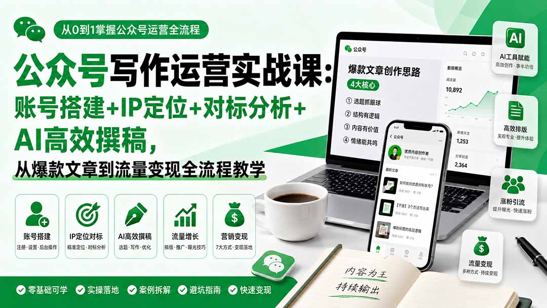 公众号写作运营实战课：账号搭建+IP定位+对标分析+AI高效撰稿，从爆款文章到流量变现全流程教学-盟主1站 - 热点知汇专注网赚项目资源知识聚汇