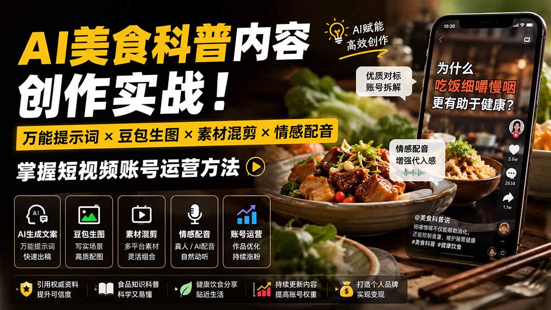 外面卖199元-AI美食科普内容创作实战！万能提示词×豆包生图×素材混剪×情感配音，掌握短视频账号运营方法-盟主1站 - 热点知汇专注网赚项目资源知识聚汇