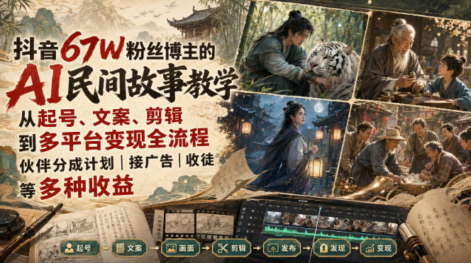 抖音67W粉丝博主的AI民间故事教学，从起号、文案、剪辑到多平台变现全流程，伙伴分成计划接广告等多种收益，月入1W+-盟主1站 - 热点知汇专注网赚项目资源知识聚汇