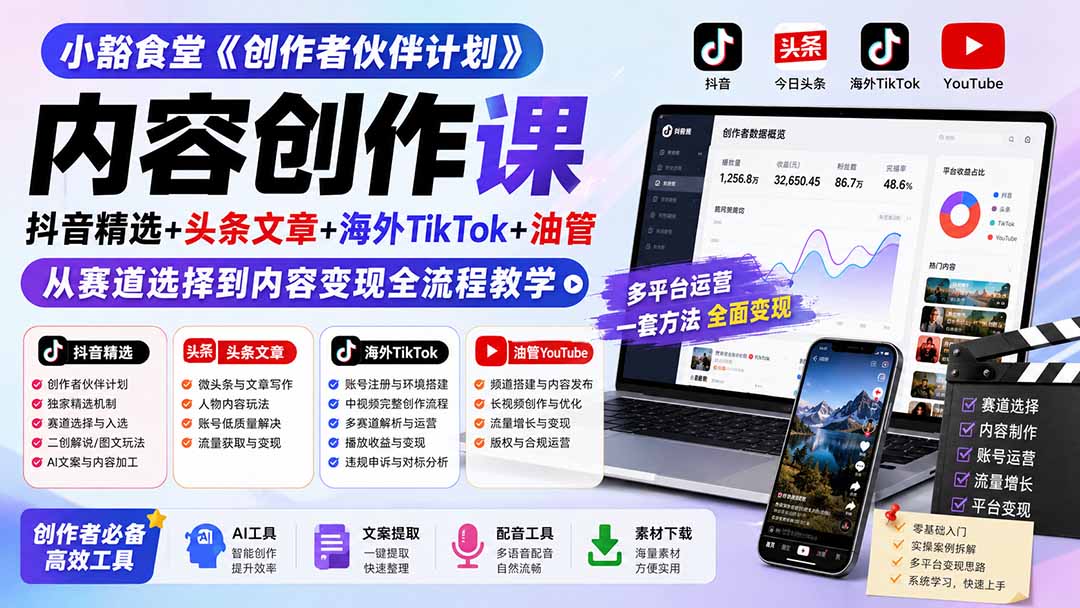 小豁食堂《创作者伙伴计划》内容创作课：抖音精选+头条文章+海外TikTok+油管，从赛道选择到内容变现全流程教学-盟主1站 - 热点知汇专注网赚项目资源知识聚汇