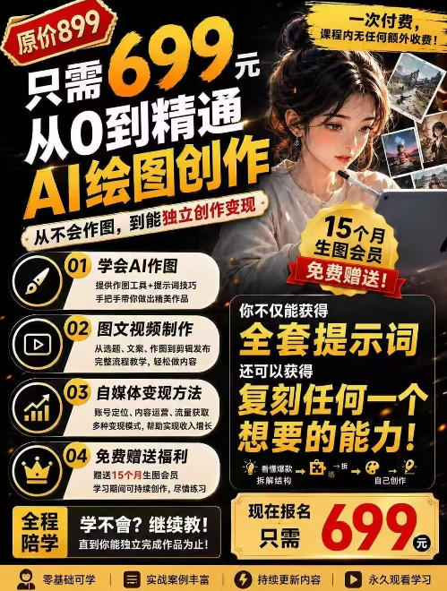 抖音10W粉丝博主的AI绘图教学，从0到精通AI绘图创作，从不会作图到能独立创作变现-盟主1站 - 热点知汇专注网赚项目资源知识聚汇