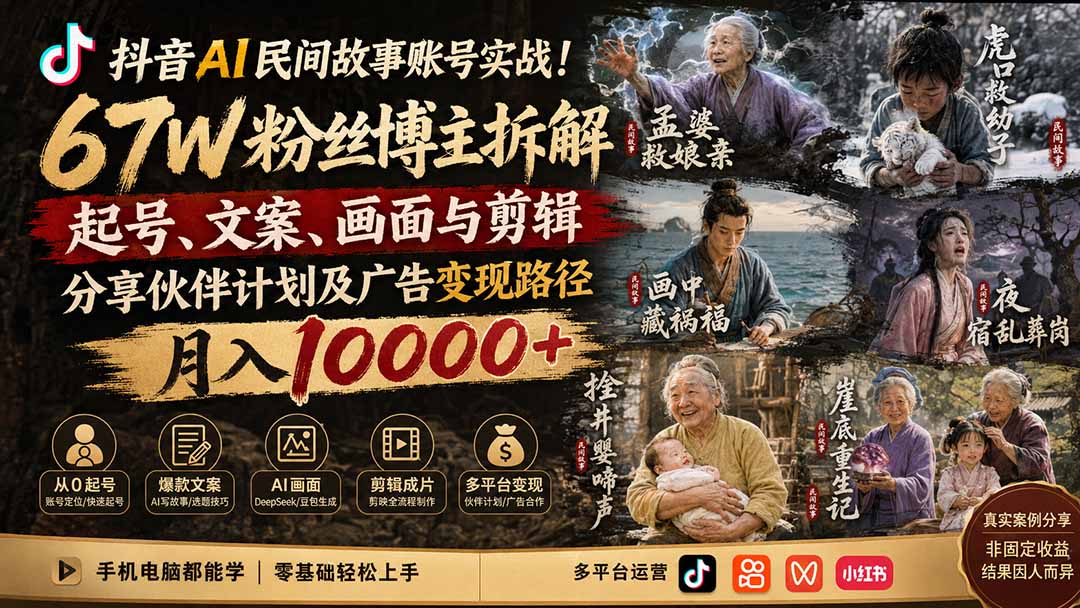 抖音AI民间故事账号实战！67W粉丝博主拆解起号、文案、画面与剪辑，分享伙伴计划及广告变现路径，月入10000+-盟主1站 - 热点知汇专注网赚项目资源知识聚汇