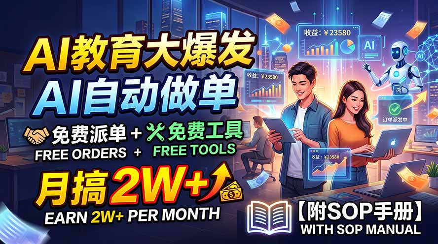 AI教育大爆发，AI自动做单，免费派单+免费工具，月搞2W+【附SOP手册】-盟主1站 - 热点知汇专注网赚项目资源知识聚汇