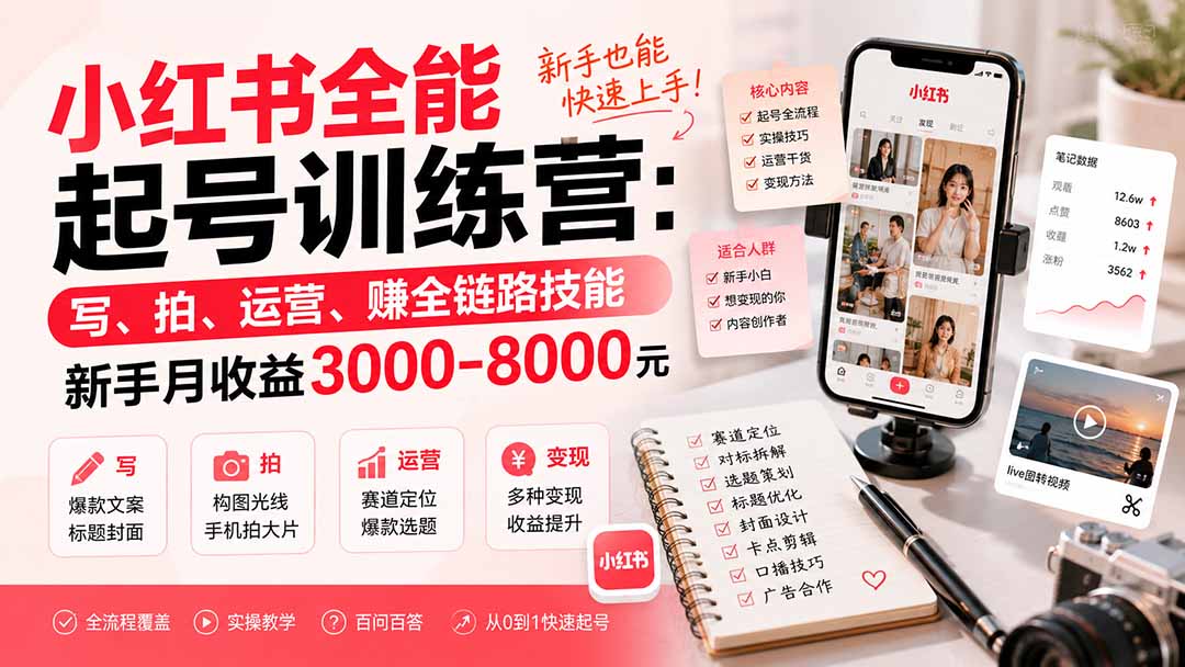 小红书全能起号训练营-更新：写、拍、运营、赚全链路技能，新手月收益3000-8000元-盟主1站 - 热点知汇专注网赚项目资源知识聚汇