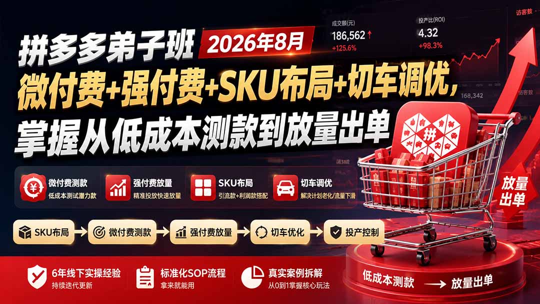 拼多多弟子班2026年8月：微付费+强付费+SKU布局+切车调优，掌握从低成本测款到放量出单-盟主1站 - 热点知汇专注网赚项目资源知识聚汇