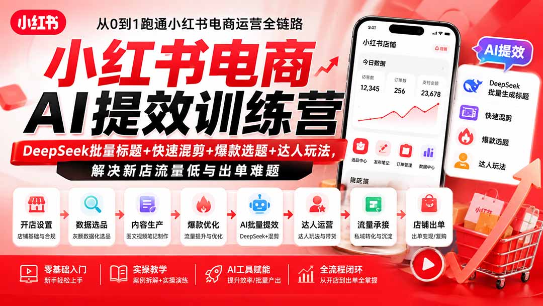小红书电商AI提效训练营—DeepSeek批量标题+快速混剪+爆款选题+达人玩法，解决新店流量低与出单难题-盟主1站 - 热点知汇专注网赚项目资源知识聚汇