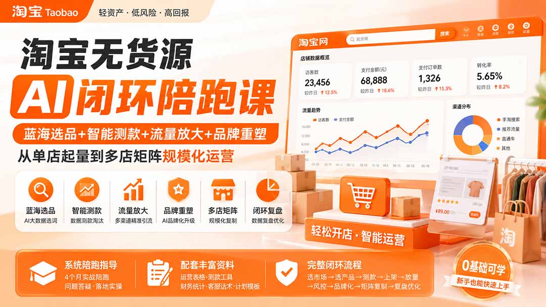 淘宝无货源AI闭环陪跑课：蓝海选品+智能测款+流量放大+品牌重塑，从单店起量到多店矩阵规模化运营-盟主1站 - 热点知汇专注网赚项目资源知识聚汇