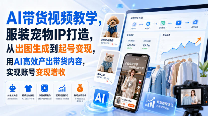 AI带货视频教学，服装宠物IP打造，从出图生成到起号变现，用AI高效产出带货内容，实现账号变现增收-盟主1站 - 热点知汇专注网赚项目资源知识聚汇