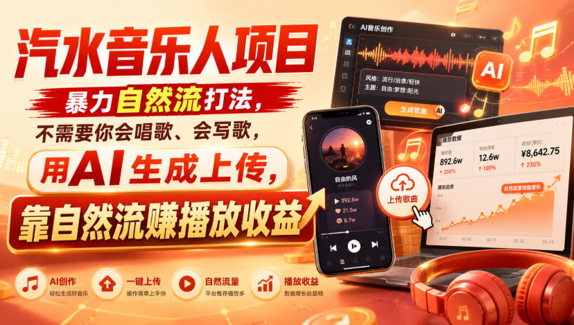 汽水音乐人项目，暴力自然流打法，不需要你会唱歌、会写歌，用AI生成上传，靠自然流賺播放收益-盟主1站 - 热点知汇专注网赚项目资源知识聚汇