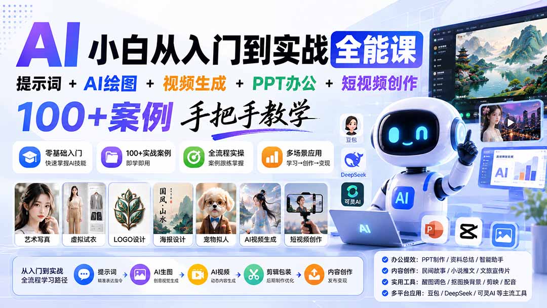 AI小白从入门到实战全能课：提示词+AI绘图+视频生成+PPT办公+短视频创作，100+案例手把手教学-盟主1站 - 热点知汇专注网赚项目资源知识聚汇