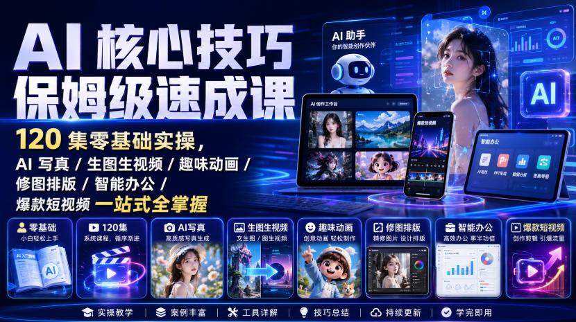 AI核心技巧保姆级速成课｜120集零基础实操，AI写真/生图生视频/趣味动画/修图排版/智能办公/爆款短视频一站式全掌握(更新)-盟主1站 - 热点知汇专注网赚项目资源知识聚汇
