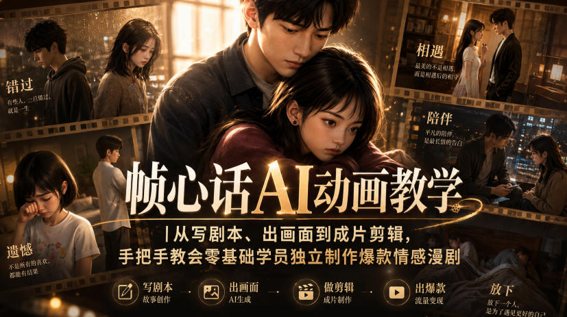 帧心话AI动画教学｜从写剧本、出画面到成片剪辑，手把手教会零基础学员独立制作爆款情感漫剧-盟主1站 - 热点知汇专注网赚项目资源知识聚汇