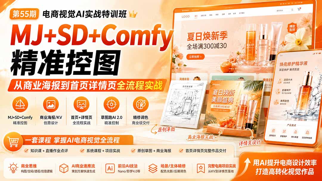 电商视觉 AI实战训练营第55期：MJ+SD+Comfy精准控图，从商业海报到首页详情页全流程实战-盟主1站 - 热点知汇专注网赚项目资源知识聚汇