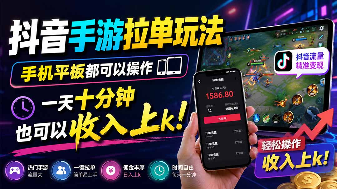 抖音手游拉单玩法，手机平板都可以操作，一天十分钟也可以收入上k！-盟主1站 - 热点知汇专注网赚项目资源知识聚汇