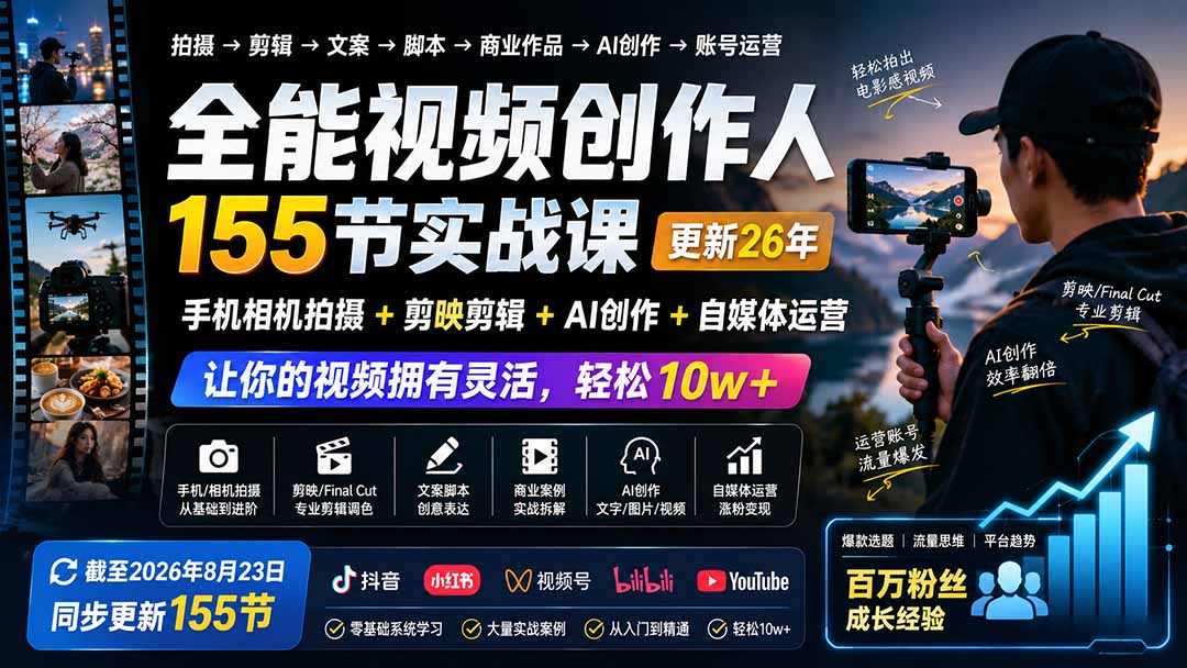 全能视频创作人155节实战课-更新26年8月：手机相机拍摄+剪映剪辑+AI创作+自媒体运营，让你的视频拥有灵活，轻松10w-盟主1站 - 热点知汇专注网赚项目资源知识聚汇