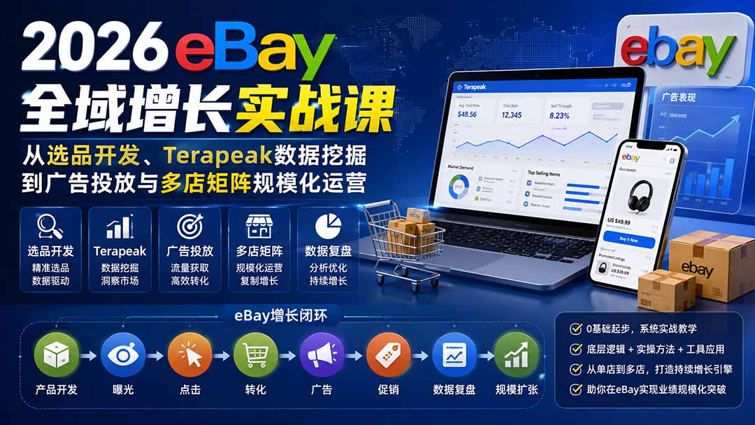 2026-Vincent eBay全域增长实战课-无水印：从选品开发、Terapeak数据挖掘到广告投放与多店矩阵规模化运营-盟主1站 - 热点知汇专注网赚项目资源知识聚汇