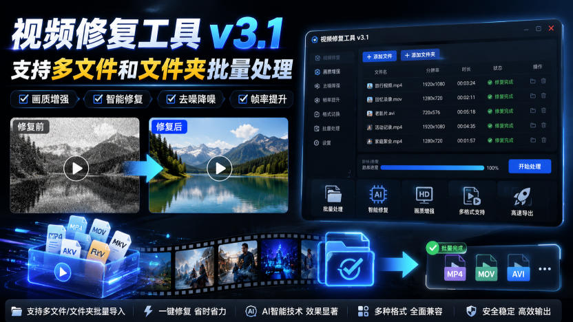 视频修复工具v3.1，支持多文件和文件夹批量处理-盟主1站 - 热点知汇专注网赚项目资源知识聚汇