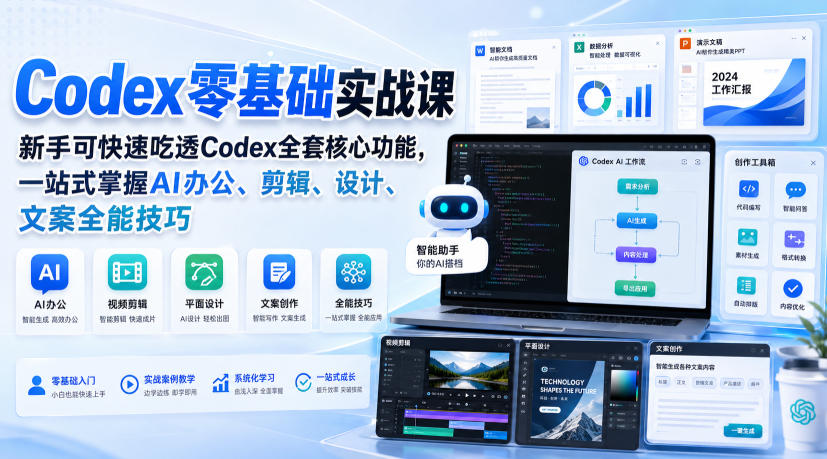 Codex零基础实战课，新手可快速吃透Codex全套核心功能，一站式掌握AI办公、剪辑、设计、文案全能技巧-盟主1站 - 热点知汇专注网赚项目资源知识聚汇
