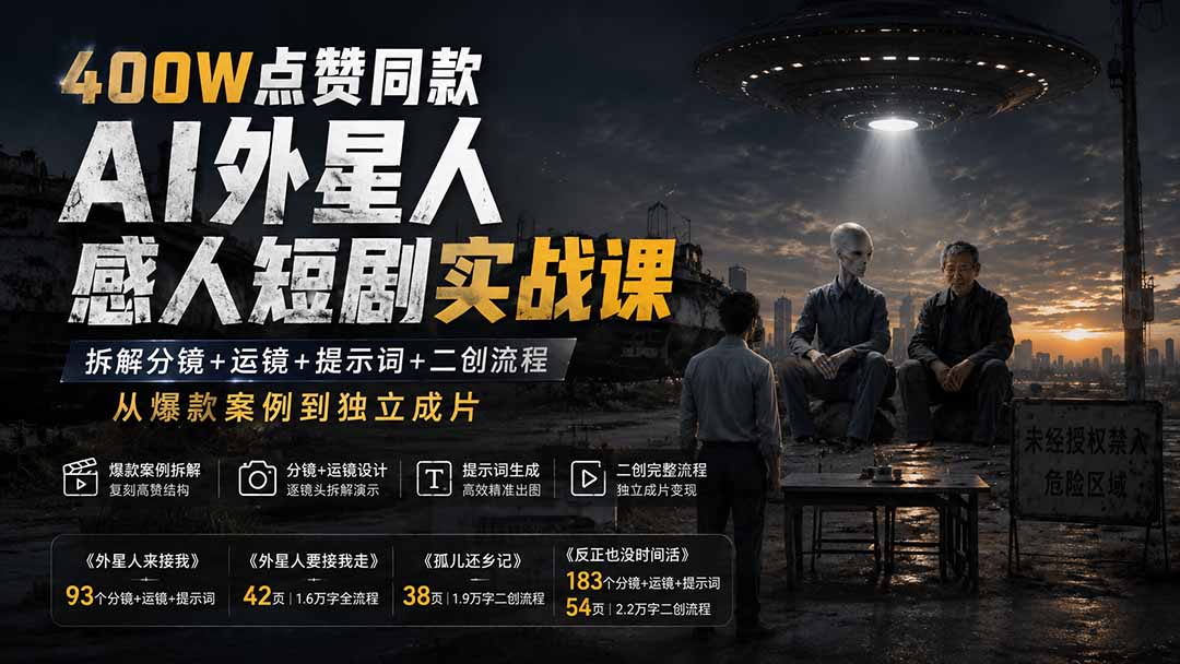 400W点赞同款AI外星人感人短剧实战课：拆解分镜+运镜+提示词+二创流程，从爆款案例到独立成片-盟主1站 - 热点知汇专注网赚项目资源知识聚汇