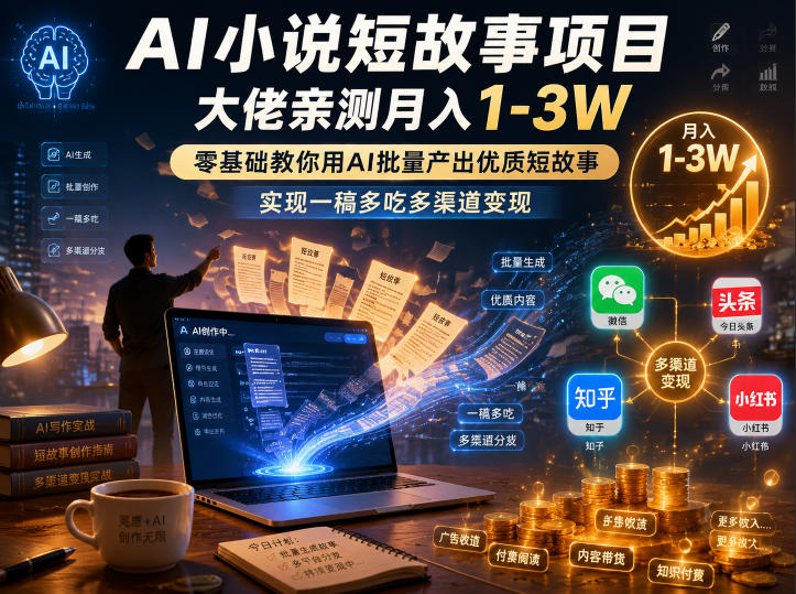 AI小说短故事项目，大佬亲测月入1-3W，零基础教你用AI批量产出优质短故事，实现一稿多吃多渠道变现(更新0824)-盟主1站 - 热点知汇专注网赚项目资源知识聚汇