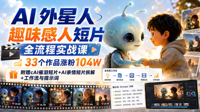 AI外星人趣味感人短片全流程实战课，33个作品涨粉104W，附赠AI催泪短片+AI亲情短片拆解+工作流与提示词-盟主1站 - 热点知汇专注网赚项目资源知识聚汇