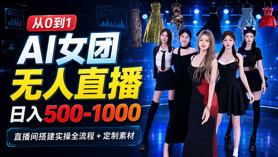 AI 女团无人直播，躺入500-1000每天，直播间搭建实操全流程+定制素材-盟主1站 - 热点知汇专注网赚项目资源知识聚汇