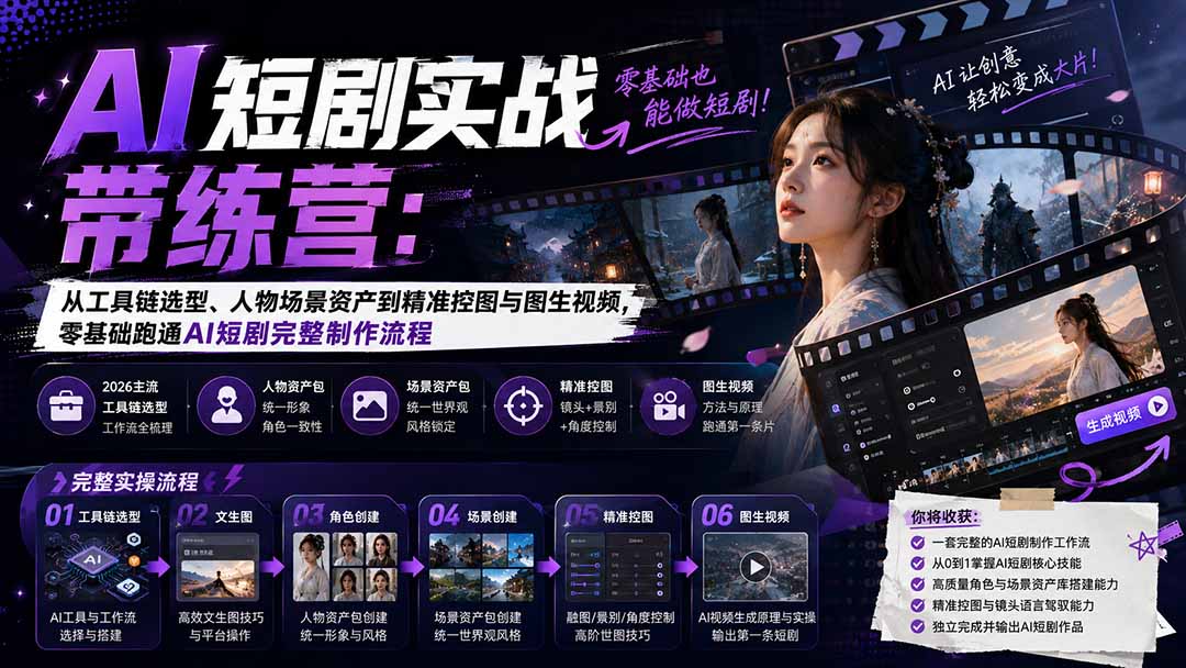 AI短剧实战训练营：从工具链选型、人物场景资产到精准控图与图生视频，零基础跑通AI短剧完整制作流程-盟主1站 - 热点知汇专注网赚项目资源知识聚汇