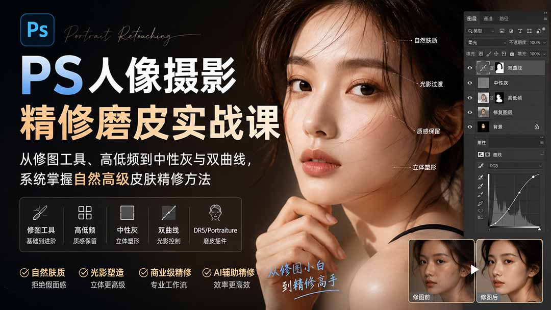 PS人像摄影精修磨皮实战课:从修图工具、高低频到中性灰与双曲线,系统掌握自然高级皮肤精修方法-盟主1站 - 热点知汇专注网赚项目资源知识聚汇