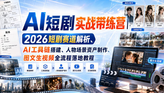 AI短剧实战带练营｜2026短剧赛道解析、AI工具链搭建、人物场景资产制作、图文生视频全流程落地教程-盟主1站 - 热点知汇专注网赚项目资源知识聚汇