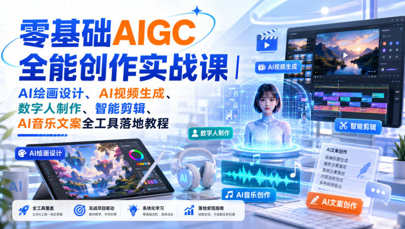 零基础AIGC全能创作实战课|AI绘画设计、AI视频生成、数字人制作、智能剪辑、AI音乐文案全工具落地教程-盟主1站 - 热点知汇专注网赚项目资源知识聚汇