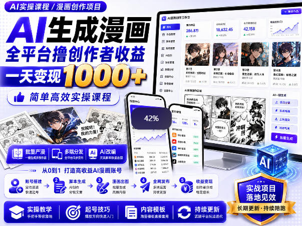 AI生成漫画全平台撸创作者收益内部课程，实操最高单日变现1k+-盟主1站 - 热点知汇专注网赚项目资源知识聚汇