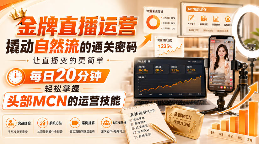 金牌直播运营撬动自然流的通关密码，让直播变的更简单，每日20分钟，轻松掌握头部MCN的运营技能-盟主1站 - 热点知汇专注网赚项目资源知识聚汇