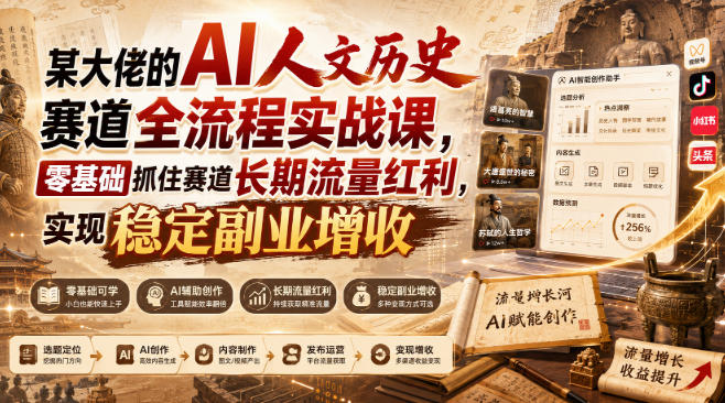 某大佬的AI人文历史赛道全流程实战课,零基础抓住赛道长期流量红利,实现稳定副业增收-盟主1站 - 热点知汇专注网赚项目资源知识聚汇